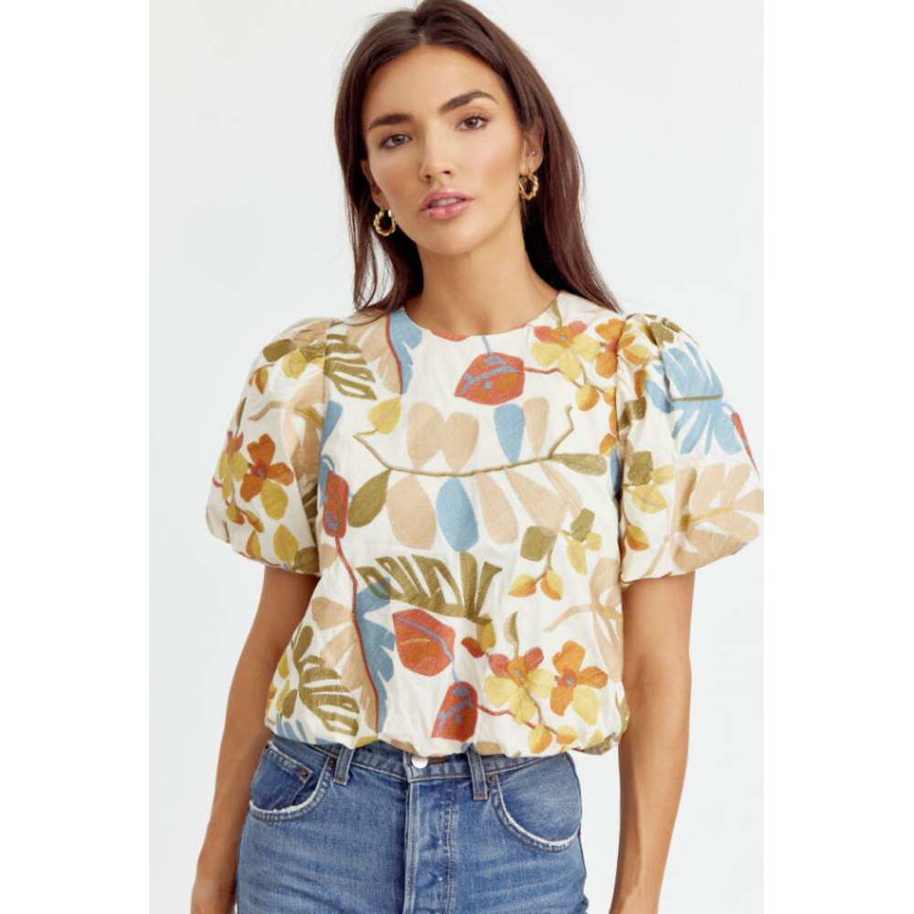 NWT Greylin Anthropologie Viola Embroidered Puff Sleeve Top L Tropical Floral
